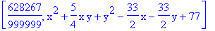 [628267/999999, x^2+5/4*x*y+y^2-33/2*x-33/2*y+77]